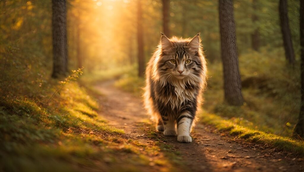 ai generated, cat, maine coon, forest, domestic, animal, mammal, pet, fur, outdoors, feline, sunset, trees, path, landscape, nature-8419938.jpg